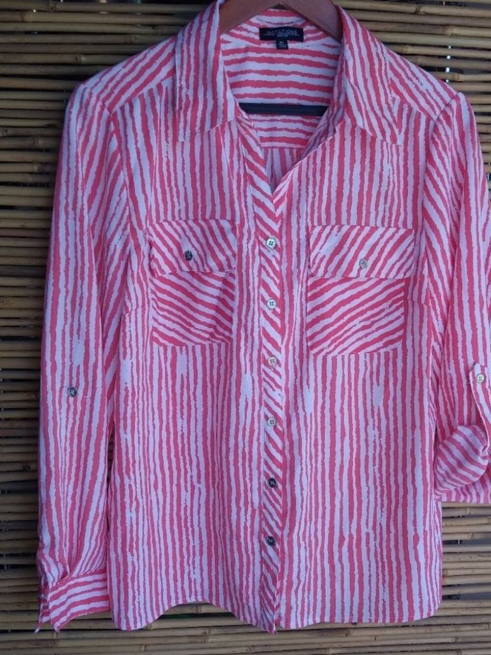 Notations LP Paint Brush Striped Pocketed Semi-Sheer Top Petite Coral Red White